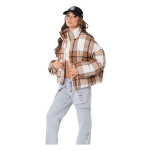 Edikted Presley Plaid Cotton Blend Puffer Jacket Brown Tan Cream Knit M